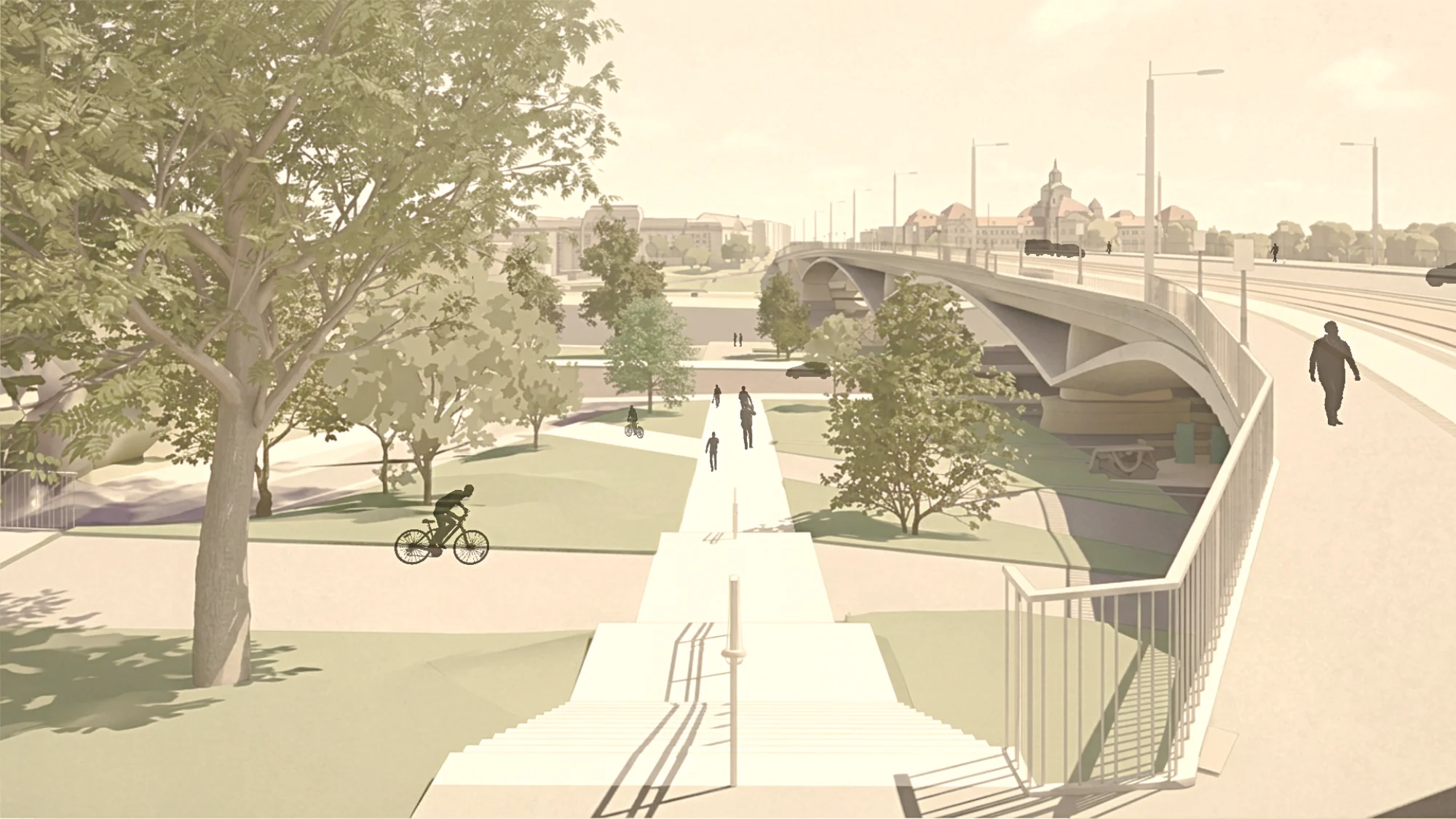 Blick von der Brücke über eine breite Treppenanlage hinunter in die Grünanlage am Altstädter Ufer